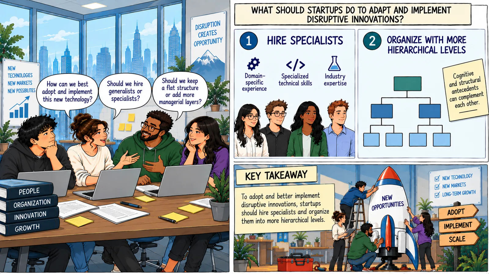 Visual summary: a team asking how to adopt a new technology; two recommendations, hire specialists and organise with more hierarchical levels; and a takeaway that cognitive and structural antecedents complement each other.