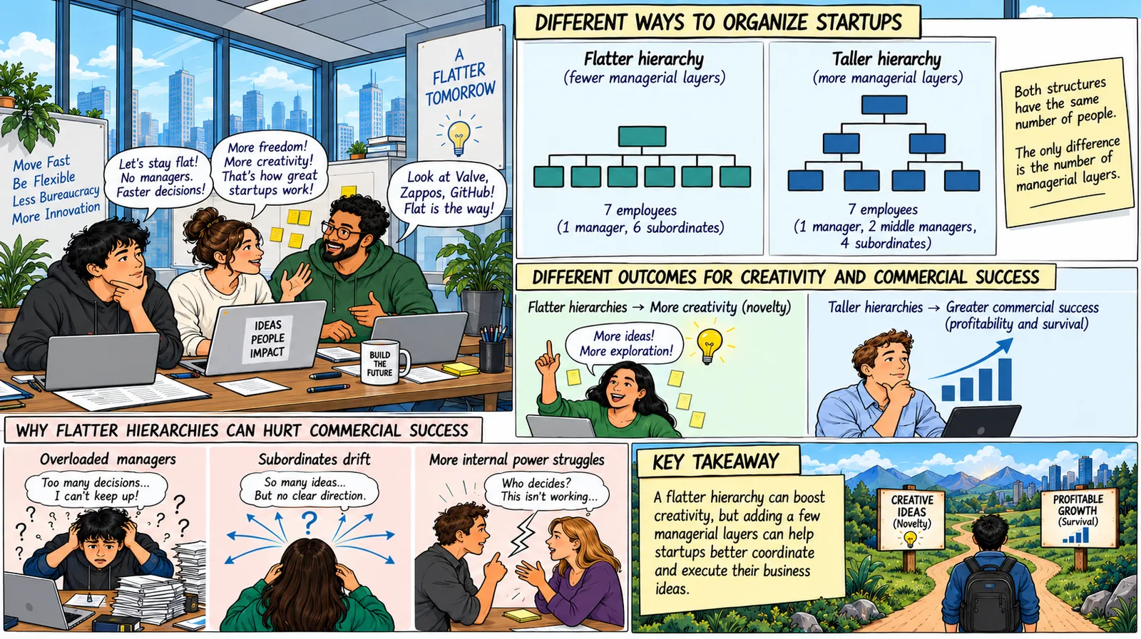 Visual summary: a team debating staying flat; diagrams comparing a flatter and a taller hierarchy at equal headcount; panels showing flatter structures yield more creativity while taller ones yield greater commercial success; and three causes of the flat-structure penalty.