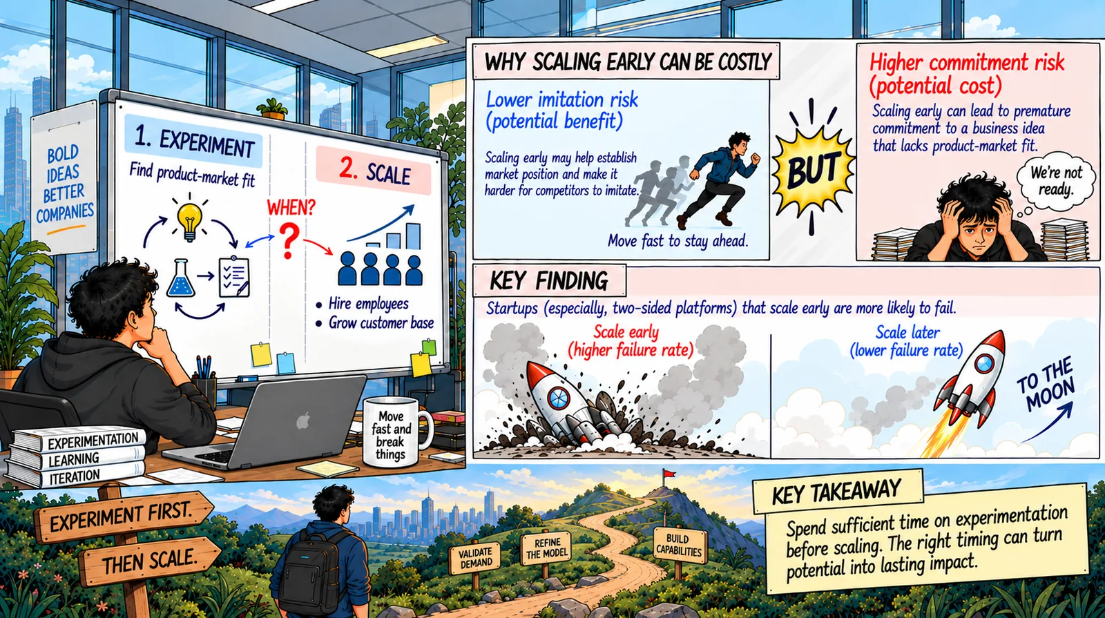 Visual summary: a founder weighing experimentation against scaling; panels contrasting lower imitation risk with higher commitment risk; a key finding that startups scaling early fail more often, shown as a crashed rocket beside one in flight; and a takeaway to experiment before scaling.